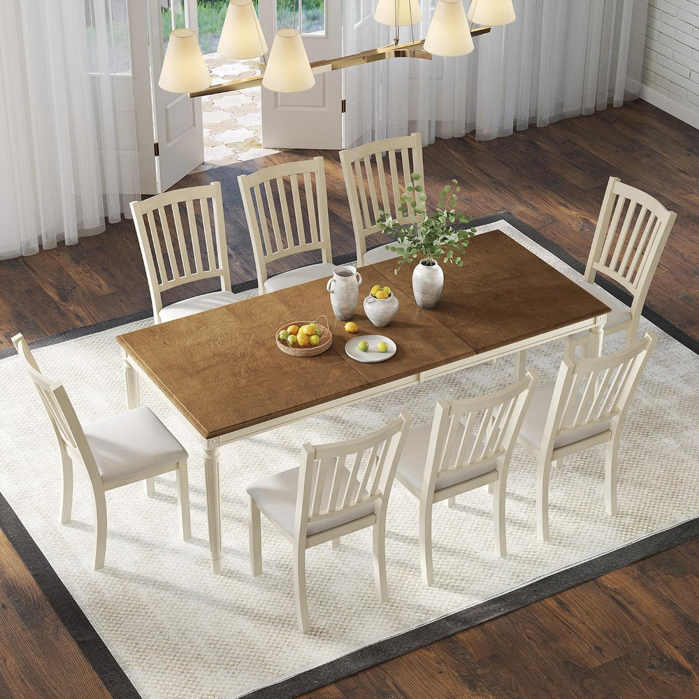 AMERLIFE 9 Piece Farmhouse Dining Table Set with 79" Table, Cream