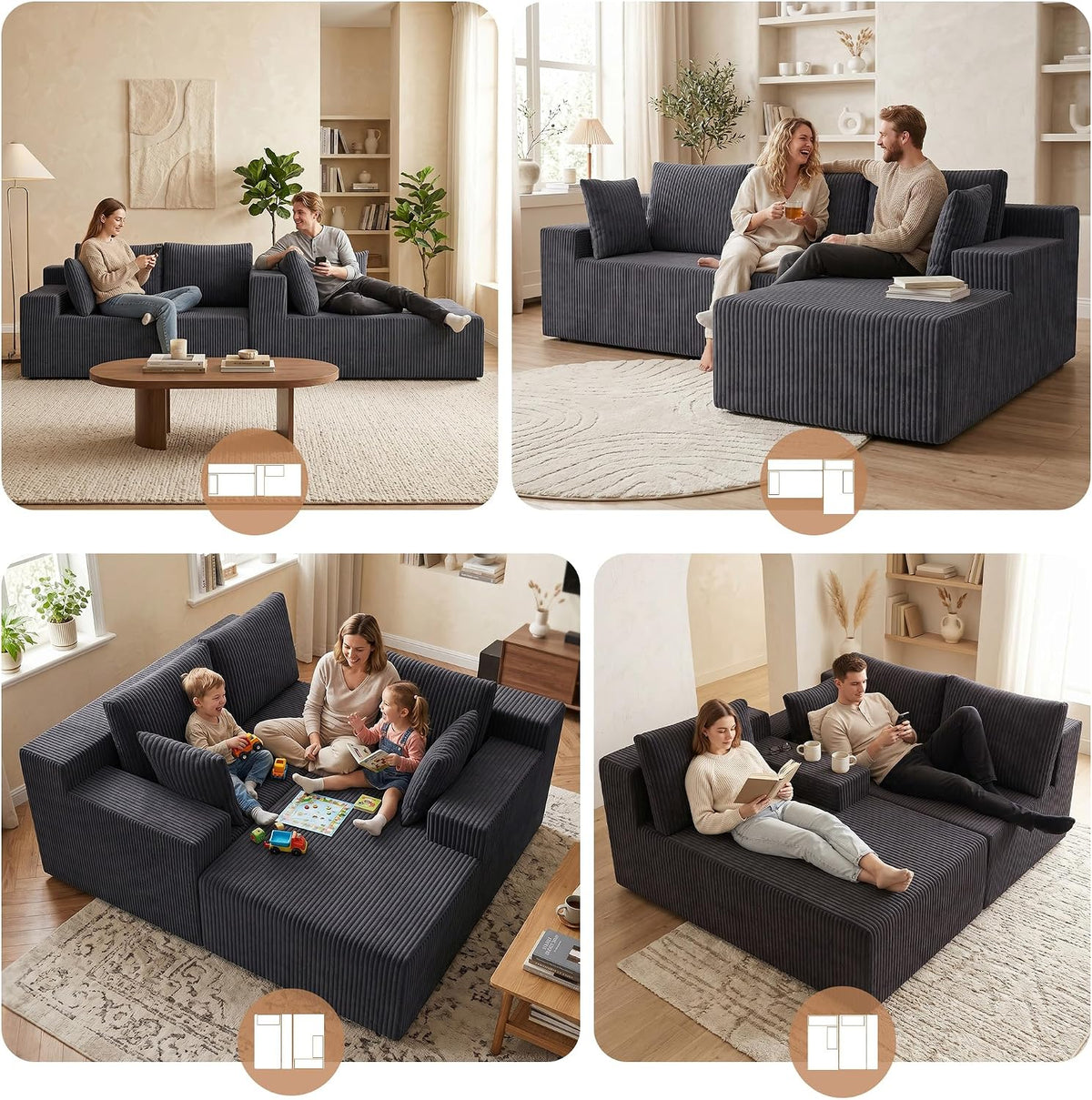 GRUSIGN Cloud Sectional Couches for Living Room, Modular L Shaped Couch with Deep Seat Oversized Right Facing Chaise, Memory Foam Compressed Spineless 3 Seater Sofa, Wide-Striped Grey