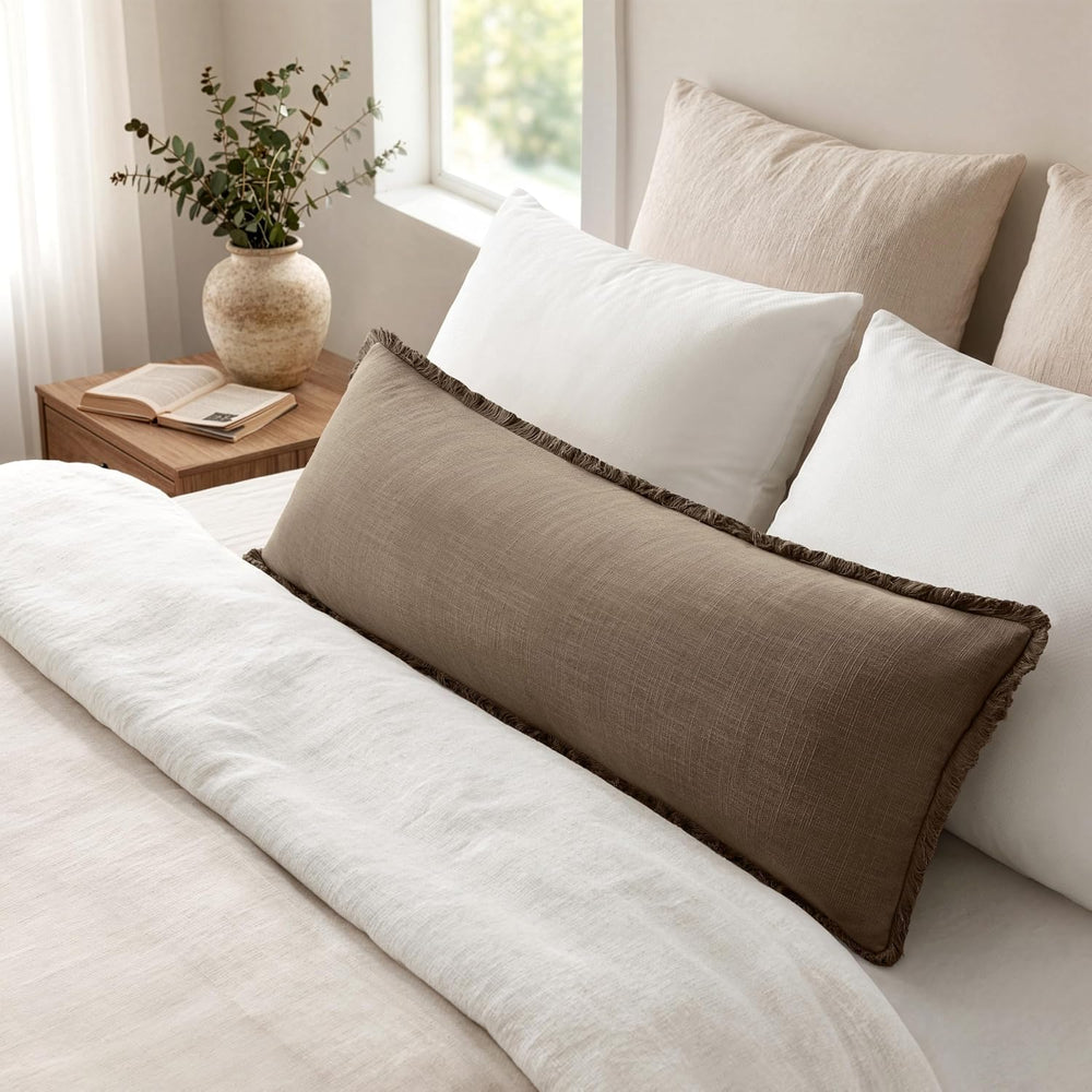 MIULEE 14x36 Long Linen Fringe Lumbar Pillow Covers Set of 1 Cocoa Brown