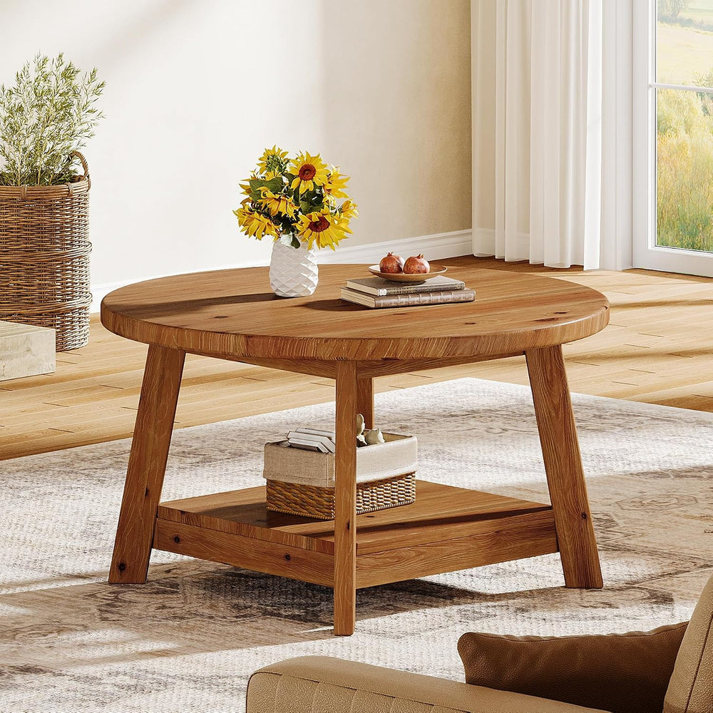 Solid Wood Round Coffee Table for Living Room, 31.5” Farmhouse Wooden 2-Tier ...