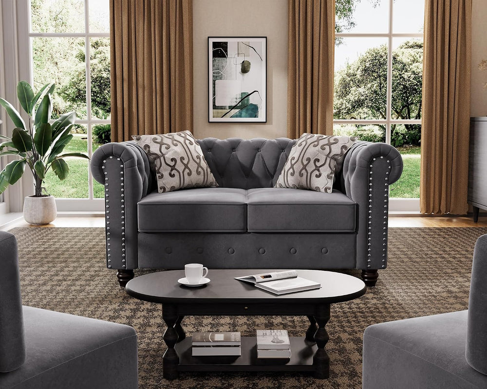 3 Piece Classic Chesterfield Sofa Set,Chair&Loveseat&Sofa,Velvet Grey