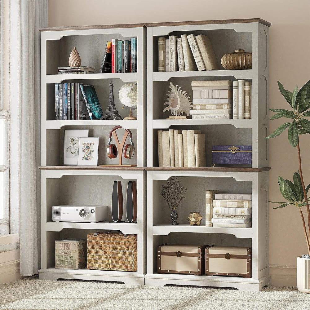 70'' Farmhouse White Bookcase Bookshelf, 5 Tiers Bookshelf with Arche...
