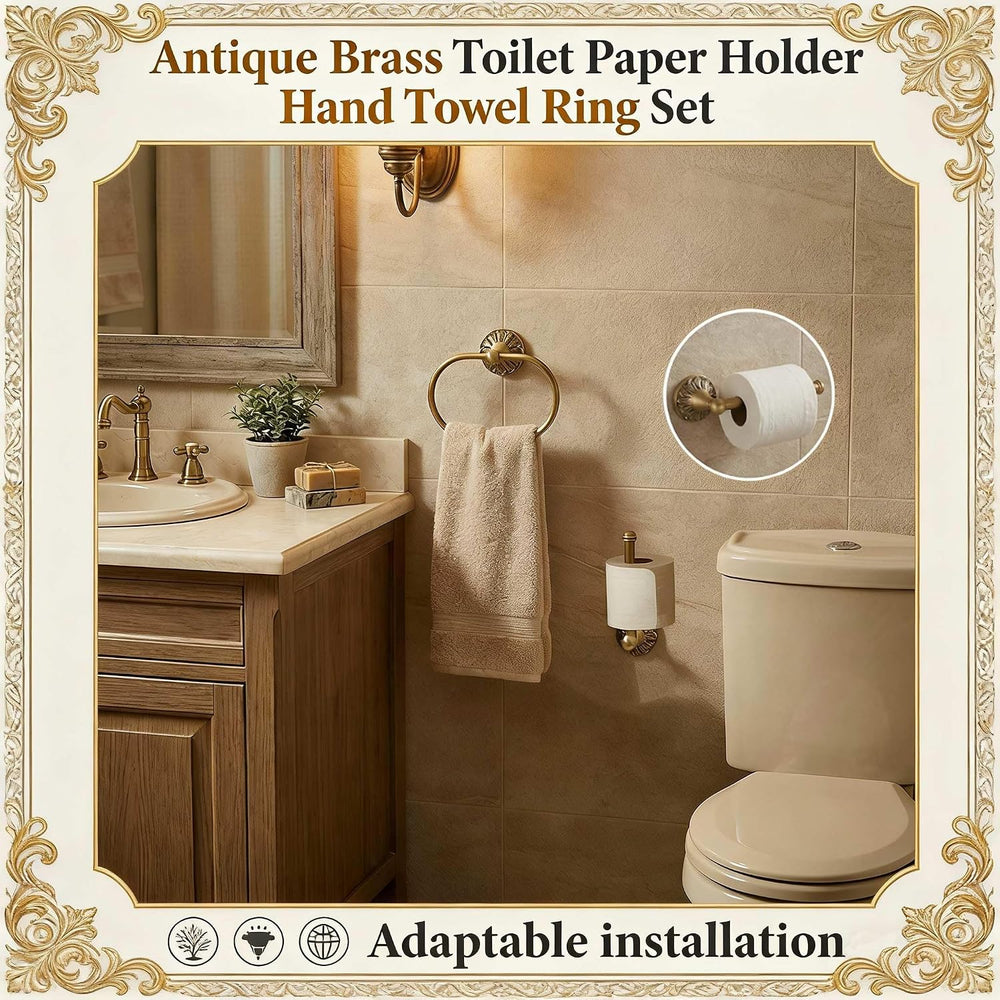 Antique Brass Toilet Paper Holder and Rectangle Hand Towel Ring Set