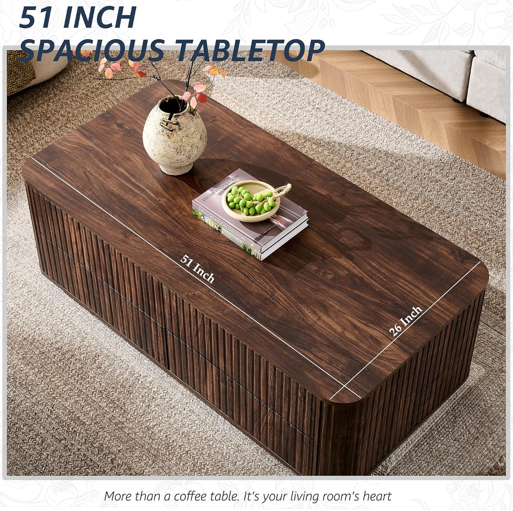 51" Fluted Coffee Table with 4 Drawers, Dark Walnut