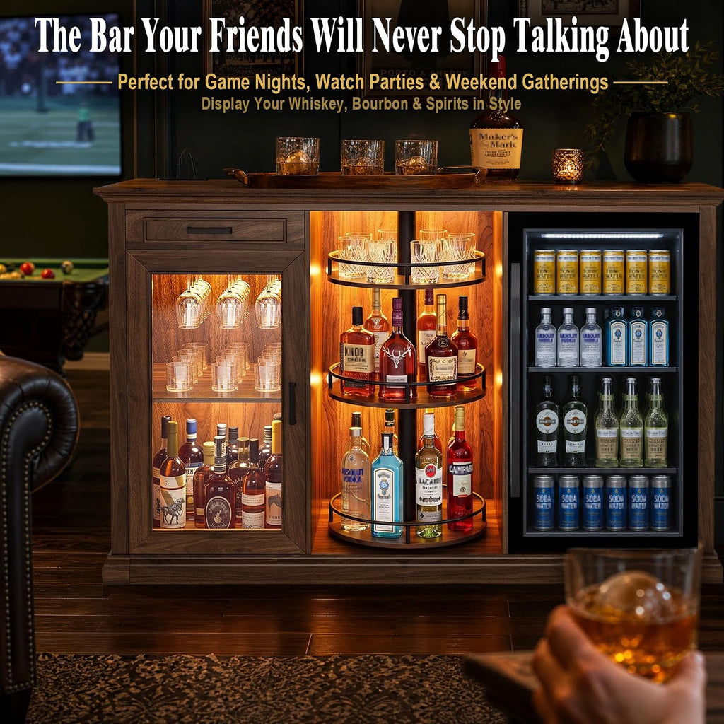 GDLF 60.2-Inch Home Bar Cabinet with Fridge Space, Warm Amber LED, Walnut