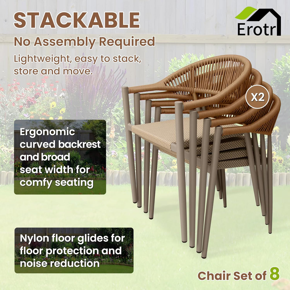 8 Pcs Stackable PE Rattan Patio Dining Chairs with Arms, Light Brown
