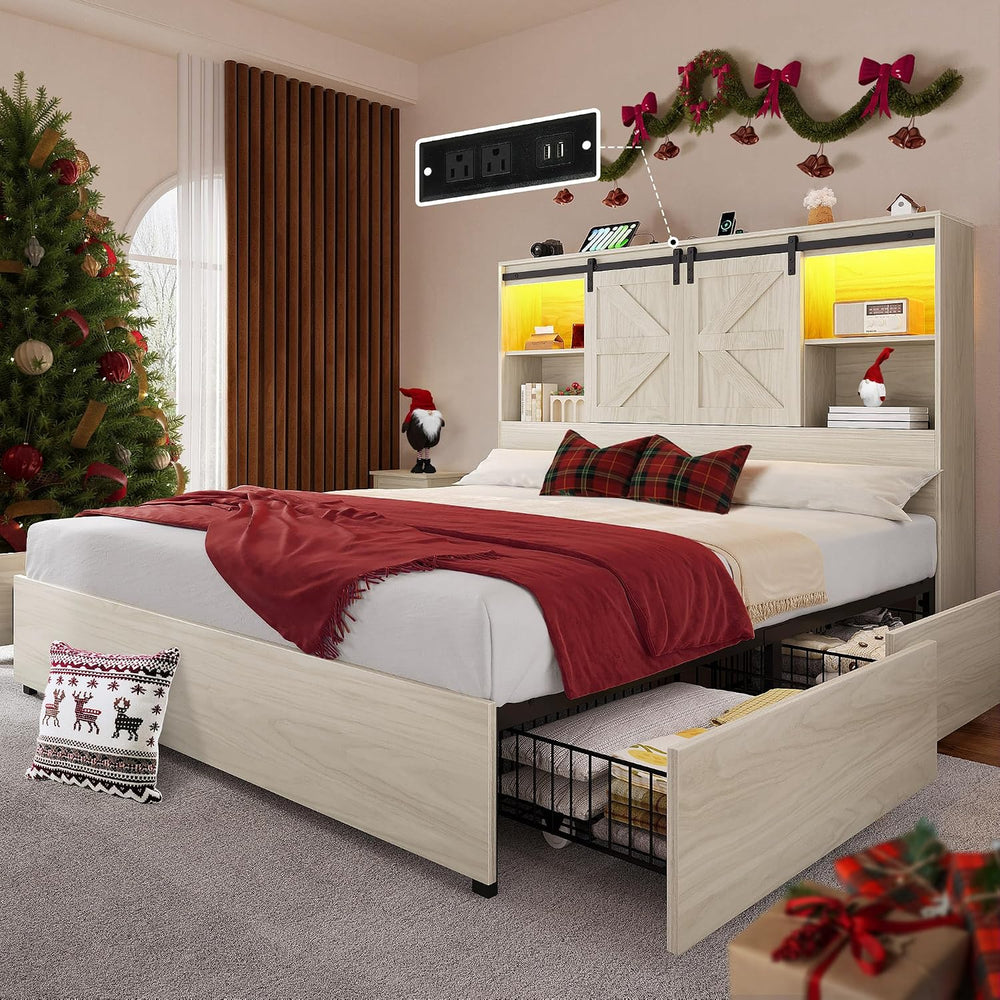 DWVO Farmhouse Queen Size Bed Frame with Storage Bookcase Headboard