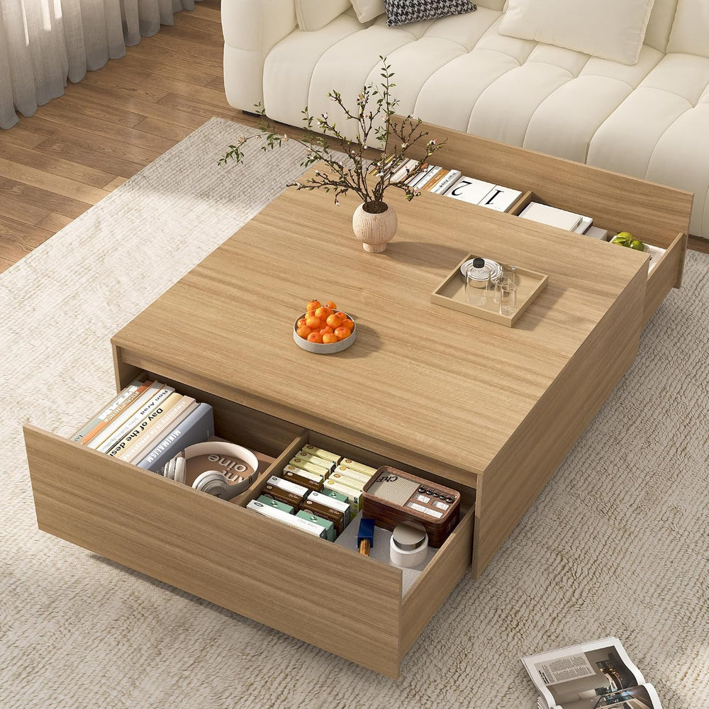 43 Inch Large Square Coffee Table with Storage,Wooden Coffee Table((OAK)