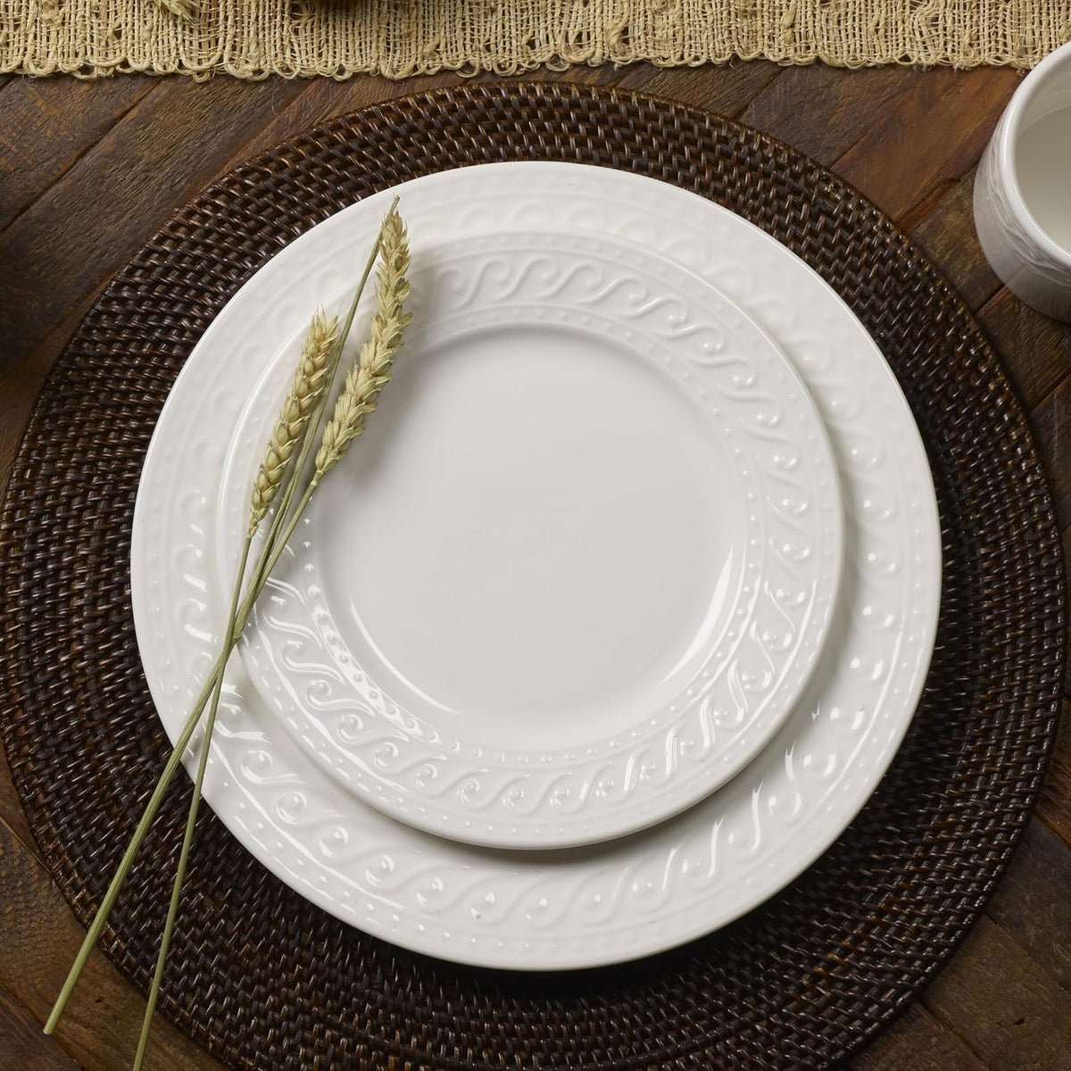 Pfaltzgraff Sylvia Dinnerware Set 32-Piece Service for 8 - White Porcelain Dinner Plates, Salad Plates, Soup Bowls and Mugs with Embossed Scrollwork