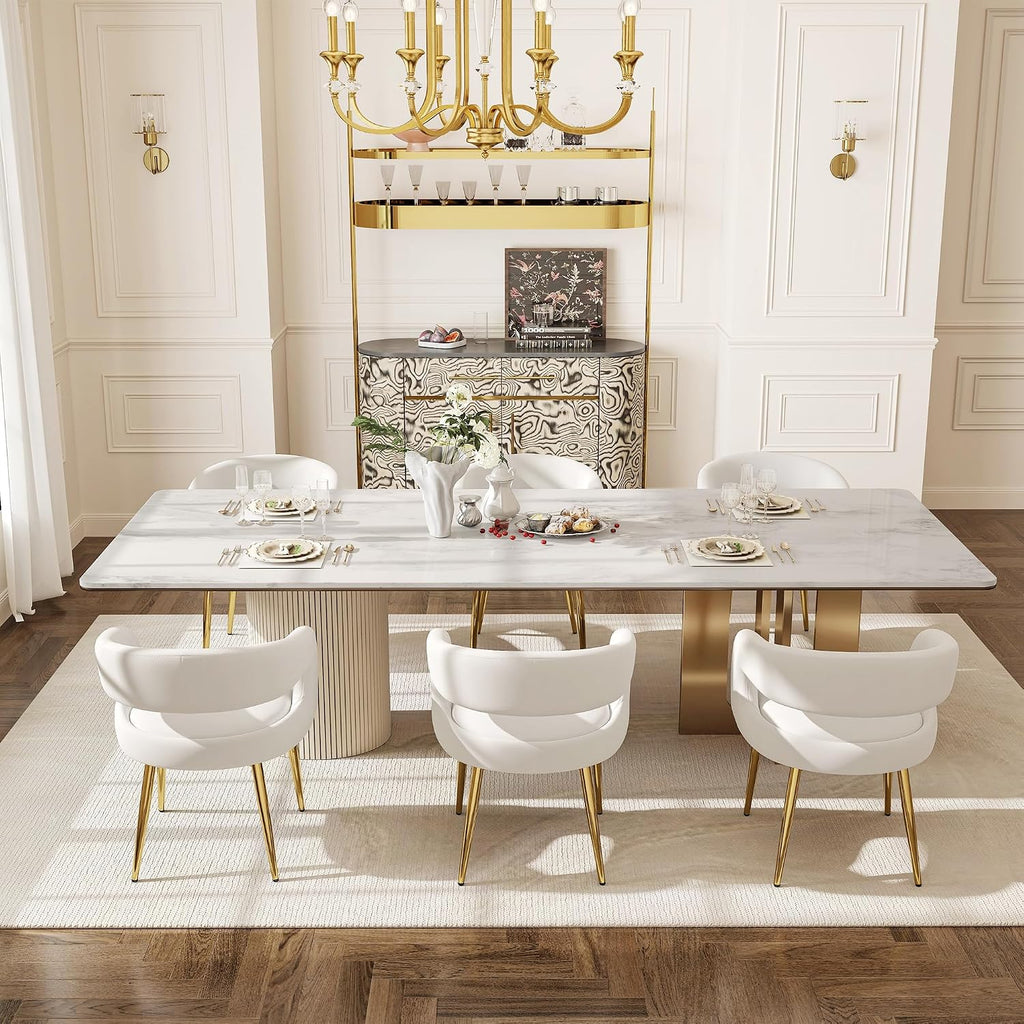 Hyfirm White and Gold Dining Chairs Set of 6, Upholstered Velvet Barrel Dining Room Chairs Luxury Modern Comfy Armchairs for Kitchen Recepition Restaurant