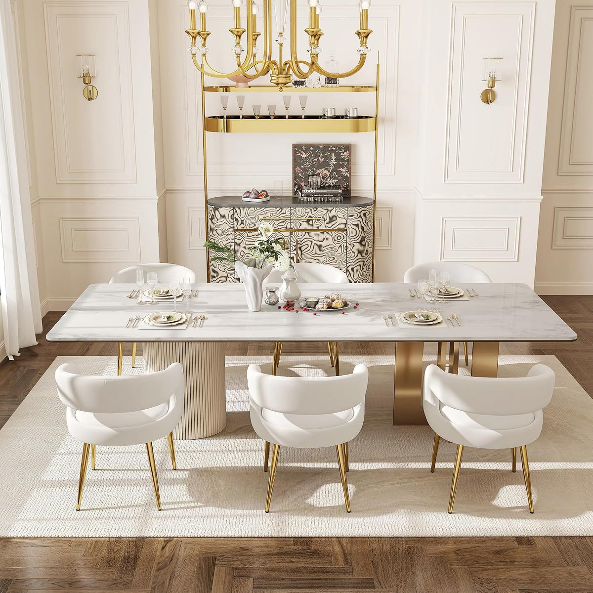 Hyfirm White and Gold Dining Chairs Set of 6, Upholstered Velvet Barrel Dining Room Chairs Luxury Modern Comfy Armchairs for Kitchen Recepition Restaurant