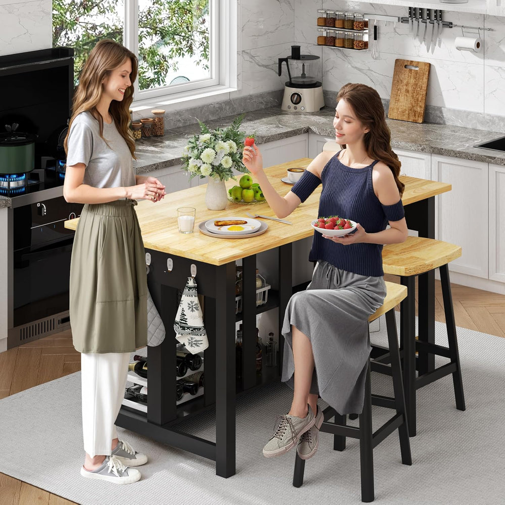47.3" Kitchen Island with Power Outlets - Solid Rubberwood Top, Black