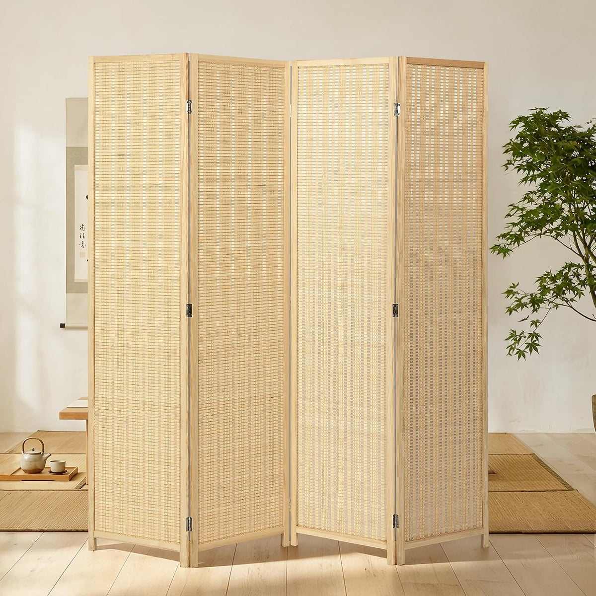 4 Panel Bamboo Room Divider, Folding Privacy Screen, Natural
