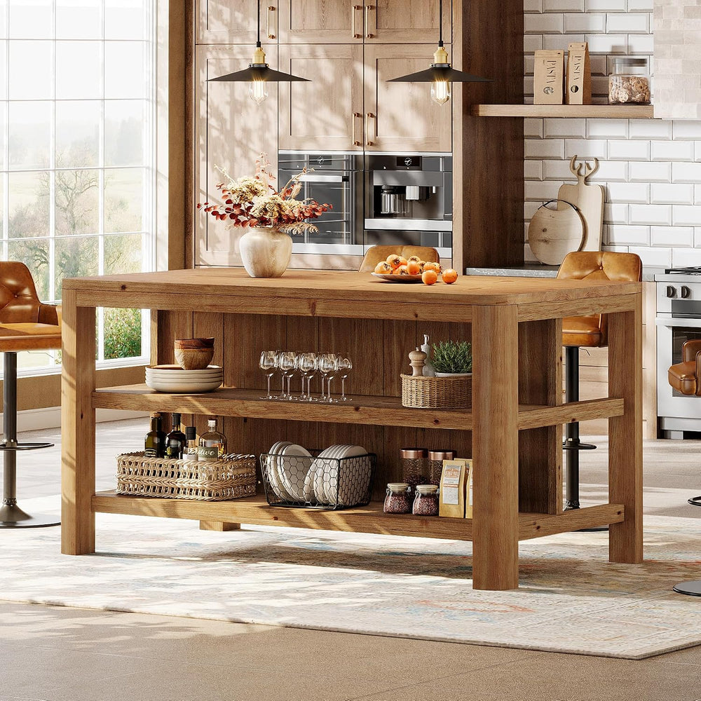 63" Solid Wood Kitchen Island, Kitchen Table with Storage Shelves