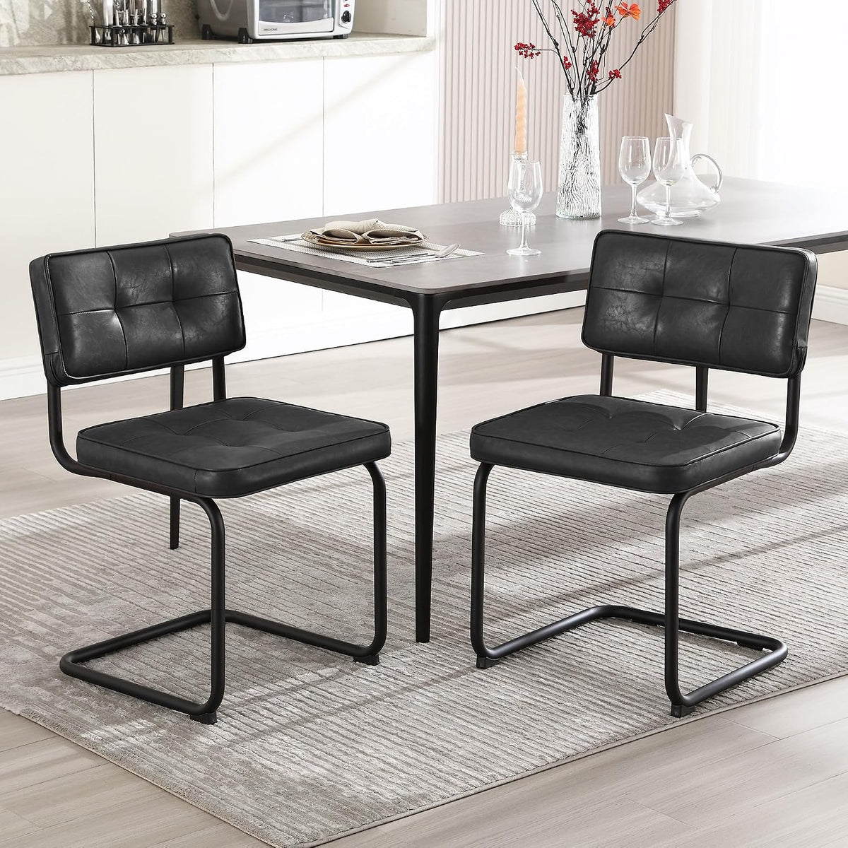 Zesthouse Industrial Metal Dining Chairs Set of 4, Upholstered Faux Leather Kitchen Chairs with Black Metal Base, for Kitchen & Dining Room Living Room, Mid Century Breuer Design Inspired, Black