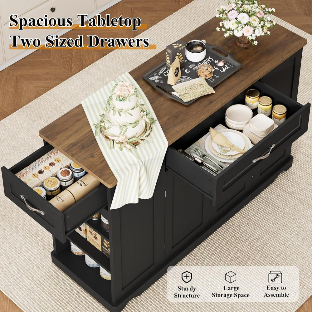 HOSTACK 47" W Kitchen Island Cart with Storage, Rolling Island Table, Black