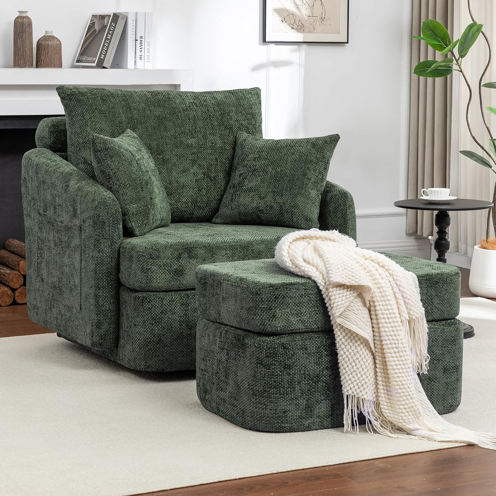 Swivel 39" Accent Chair with Ottoman & Pillows (Chenille Green)