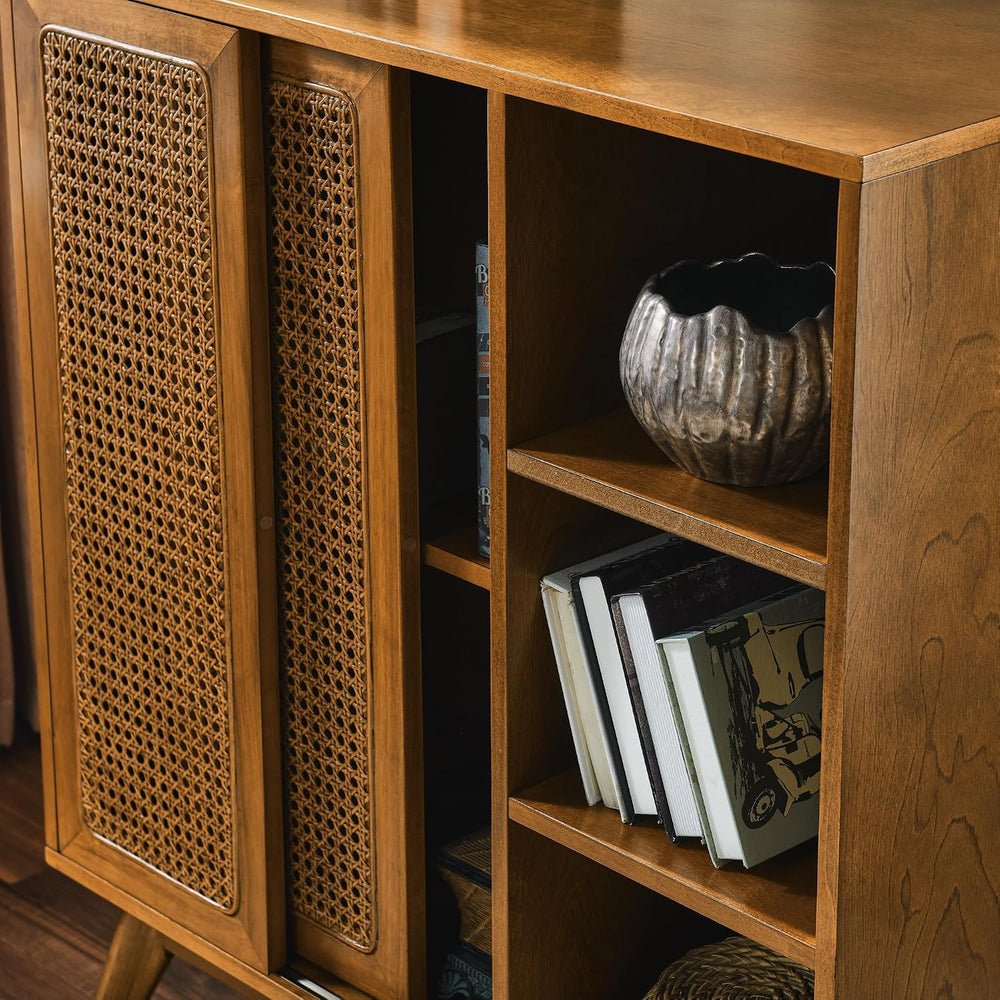 LKTART Mid Century Modern Small Rattan Sideboard Buffet Storage Cabinet