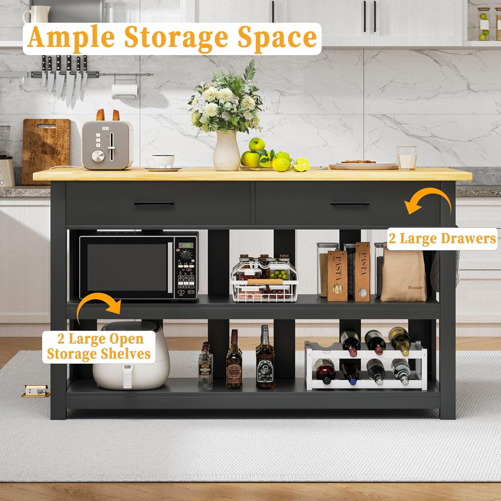 47.3" Kitchen Island with Power Outlets - Solid Rubberwood Top, Black