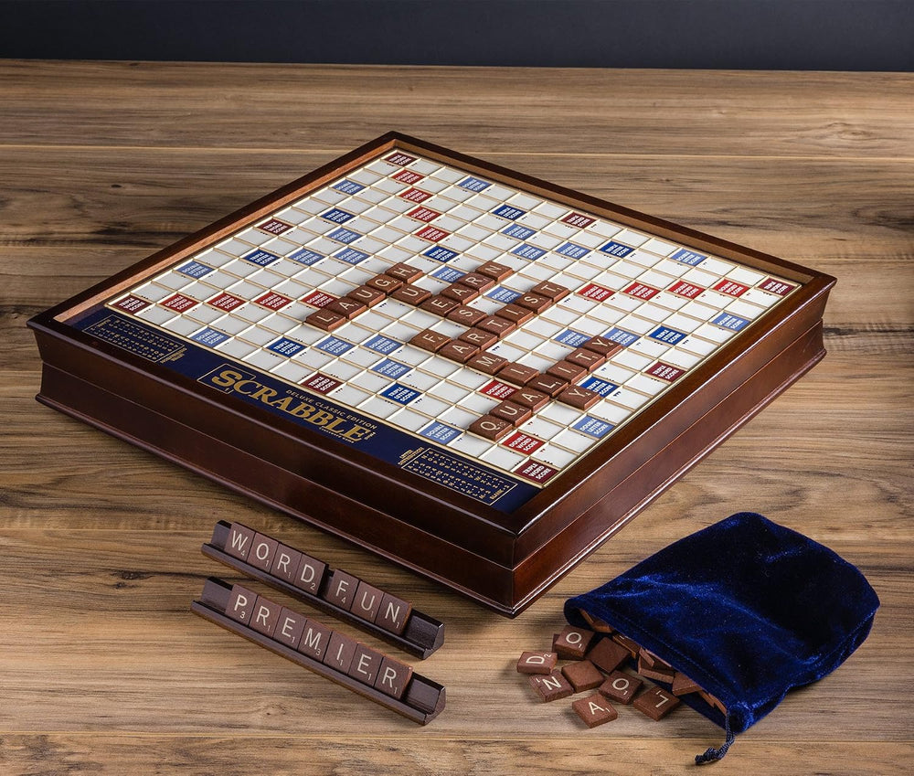 WS Game Company Scrabble Deluxe Edition Rotating Wooden Cabinet Board Game