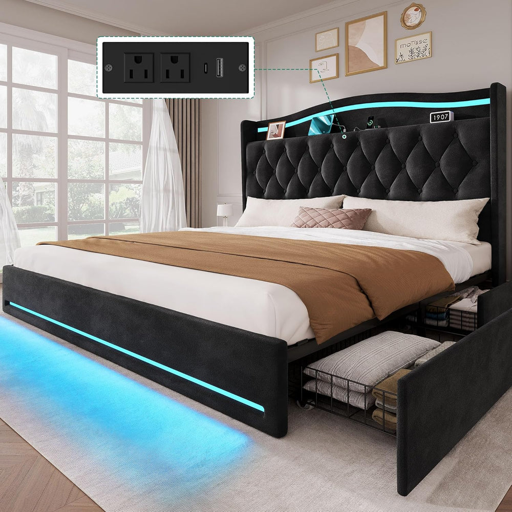DWVO King Size Bed Frame with 4 Storage Drawers and RGB LED Lights