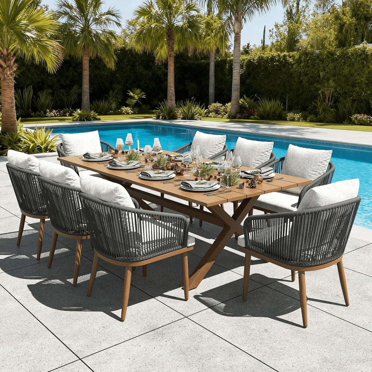 layinsun 9 pieces outdoor patio dining set, aluminium shown in use