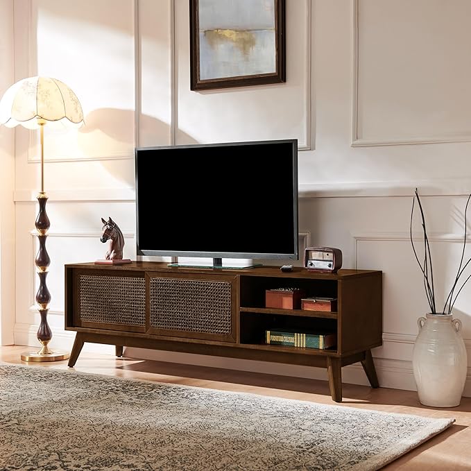 LKTART Boho Mid Century TV Stand,59" Rattan Entertainment Center,Media Console with Solid Wood Legs,Adjustable Feet & Divided Storage,TV Cabinet for 65 Inch TV,Dark Walnut