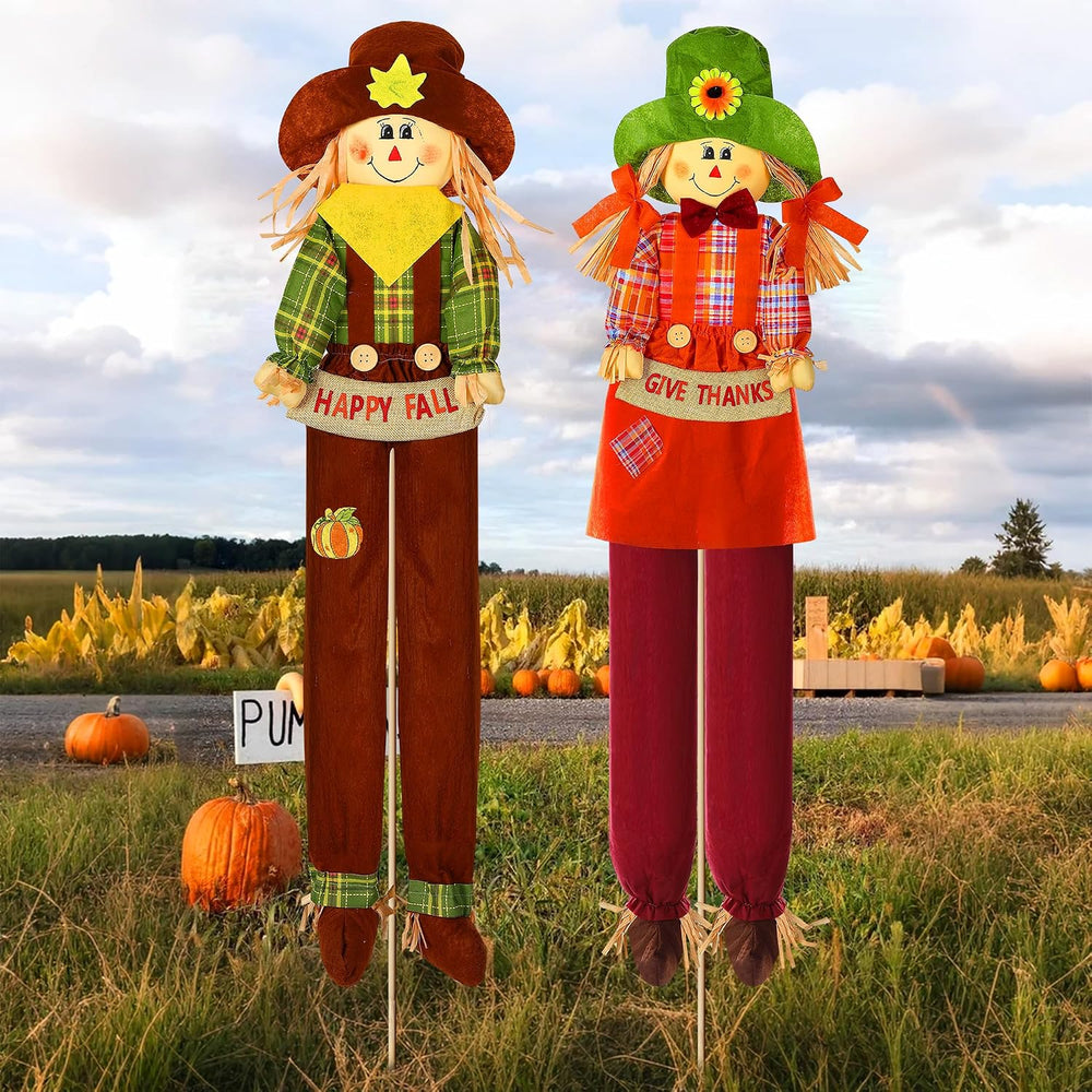 Meonum 2 Pack Fall Scarecrow Outdoor Decorations, Plaid, Cute, 60''