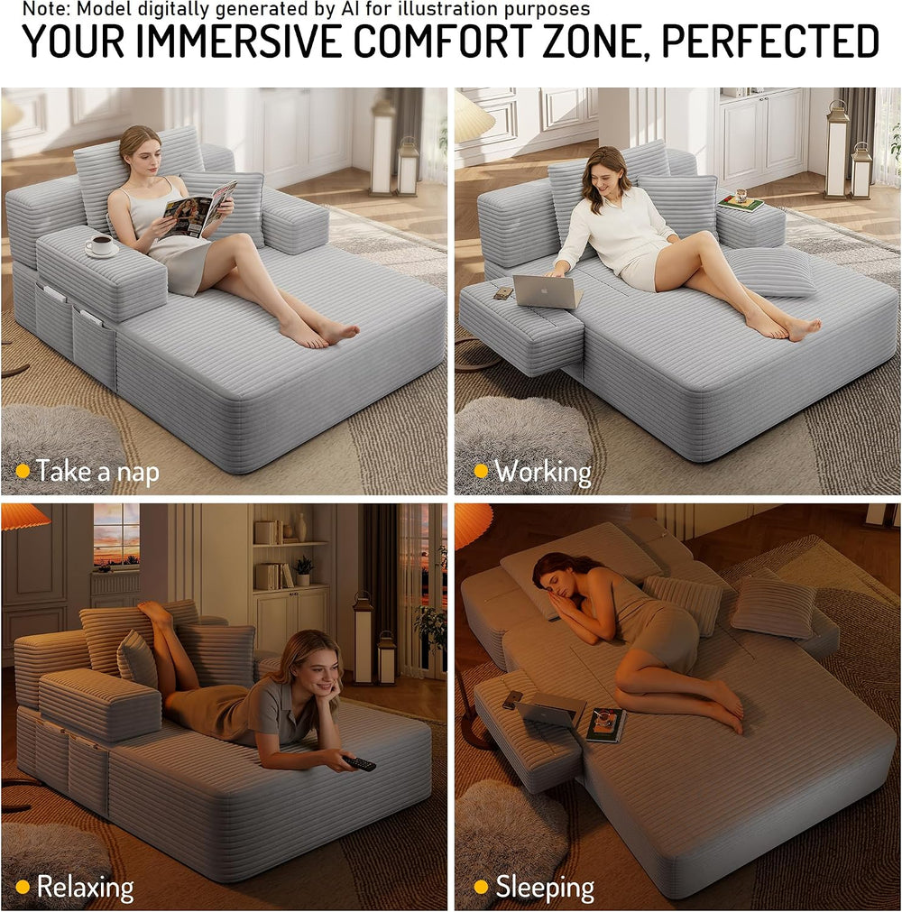 48.5'' Oversized Chaise Lounge Indoor, Corduroy Boneless Couch, Light...