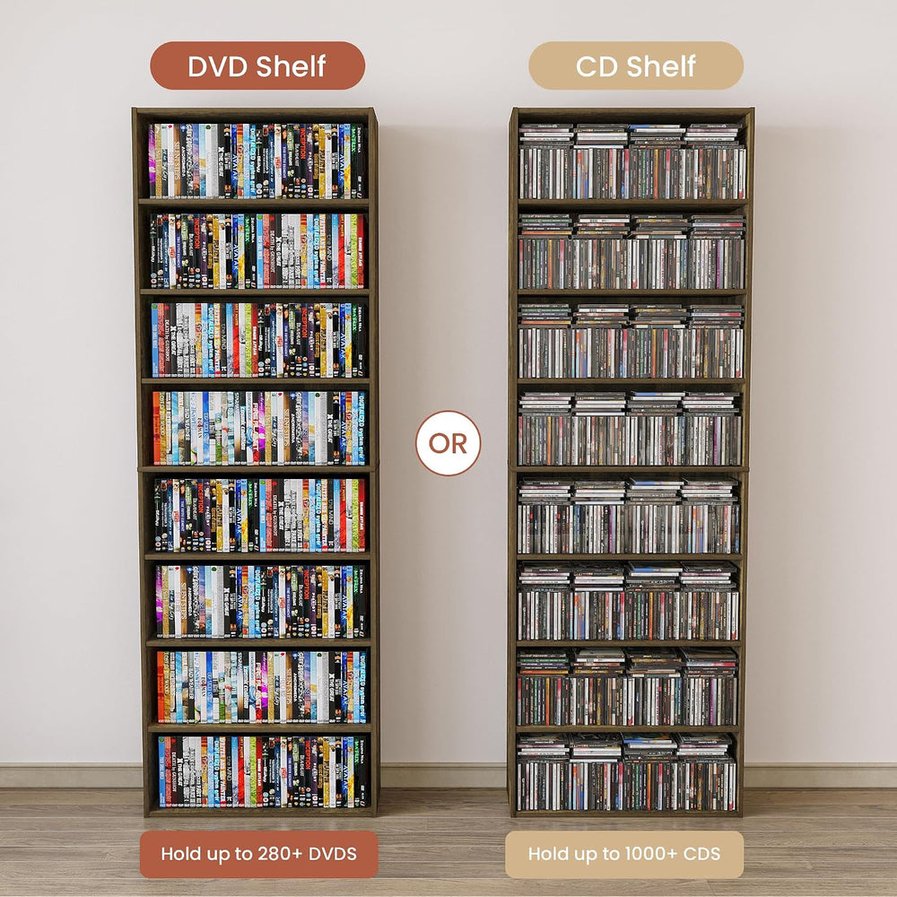 8 Tier DVD Storage Shelf, DVD Shelf holds up to 280+ DVD, Brown