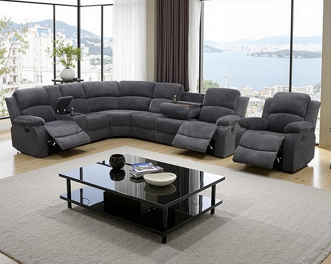 Manual Recliner Sectional Sofa Set, Corduroy L-Shaped Living Room Furniture Sets, Reclining Sectional Corner Couch and Recliner Chair Set for Home Office (Dark Grey, Sectional + Chair)
