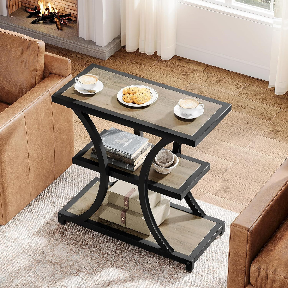 Tribesigns End Table with Storage, 3-Tier Side Table with Geometric Metal Design, Industrial Nightstand for Small Spaces, Living Room, Bedroom, Study Room (Grey)