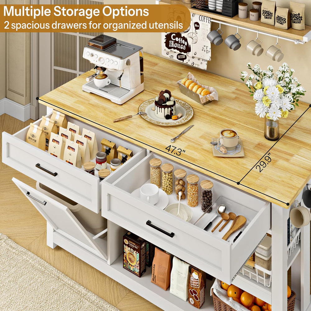 DynJest 47" Solid Rubberwood Top Kitchen Island with Storage, 2 Bar Stools