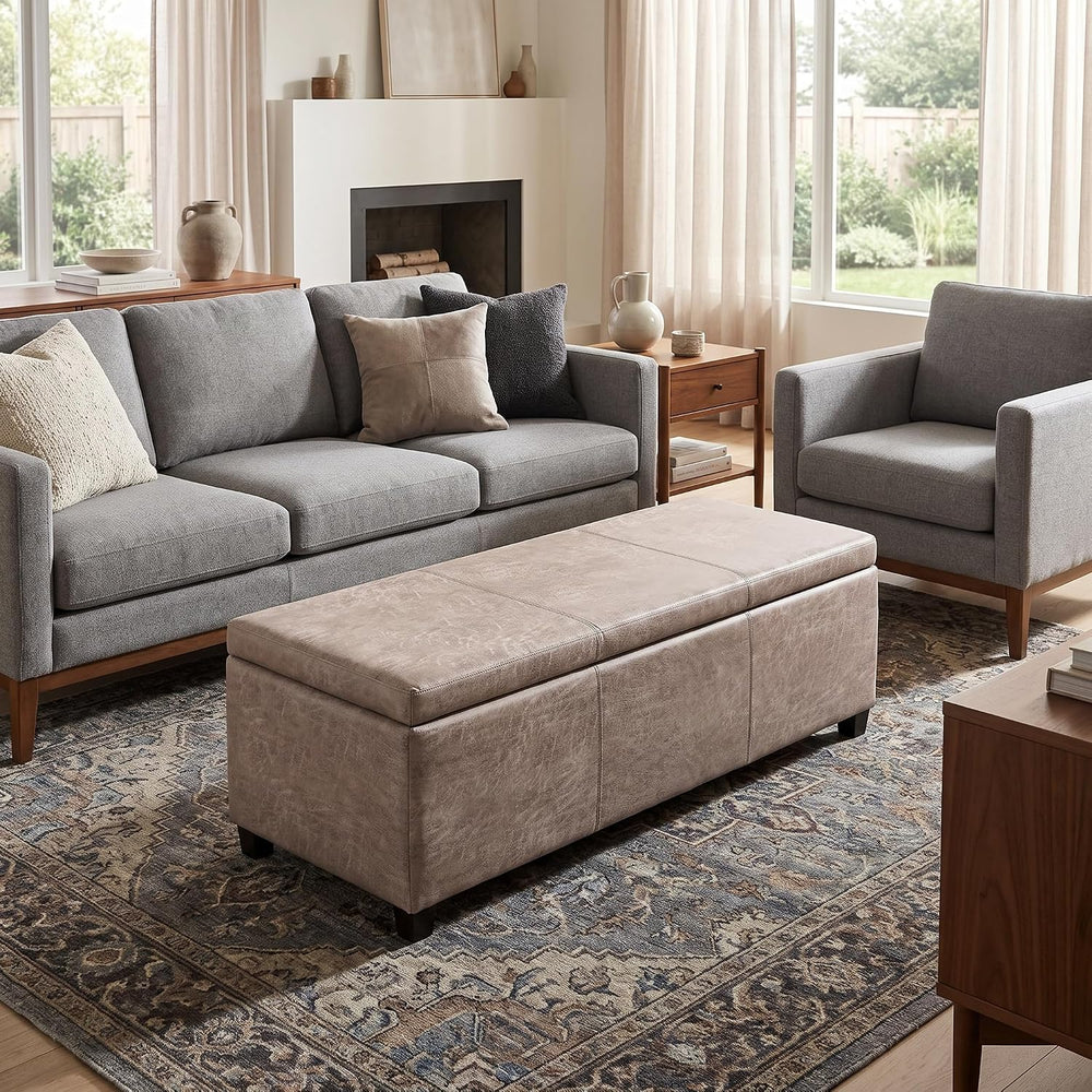 SIMPLIHOME Avalon 48" Wide Vegan Leather Storage Ottoman in Grey