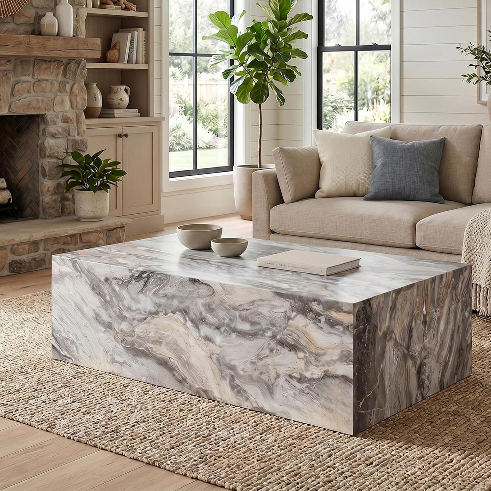 39.3" Faux Marble Coffee Table, Gray Modern Coffee Table, Rectangle