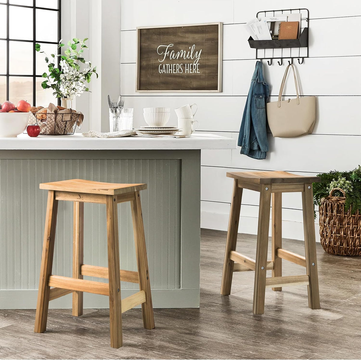 VICTORY RELAX Wooden Counter Stool - Set of 2 Backless Design with Ergonomic Saddle Seat - Light Natural Acacia Wood Kitchen & Bar Stool - Space-Saving Seating & Decor, 24 Inch Height