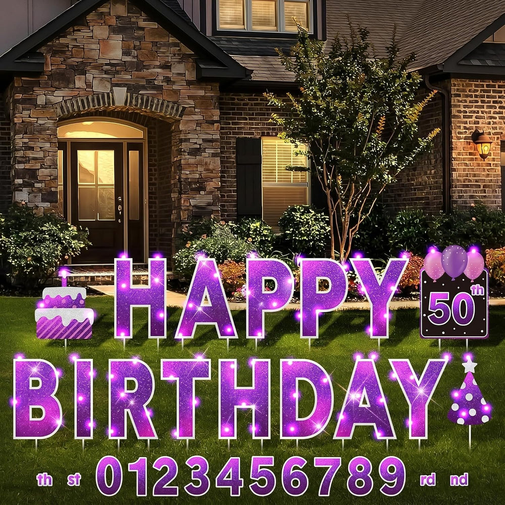 Yerliker 16 Pcs Purple Happy Birthday Yard Signs with Stakes, 32.8 ft LED Lig...