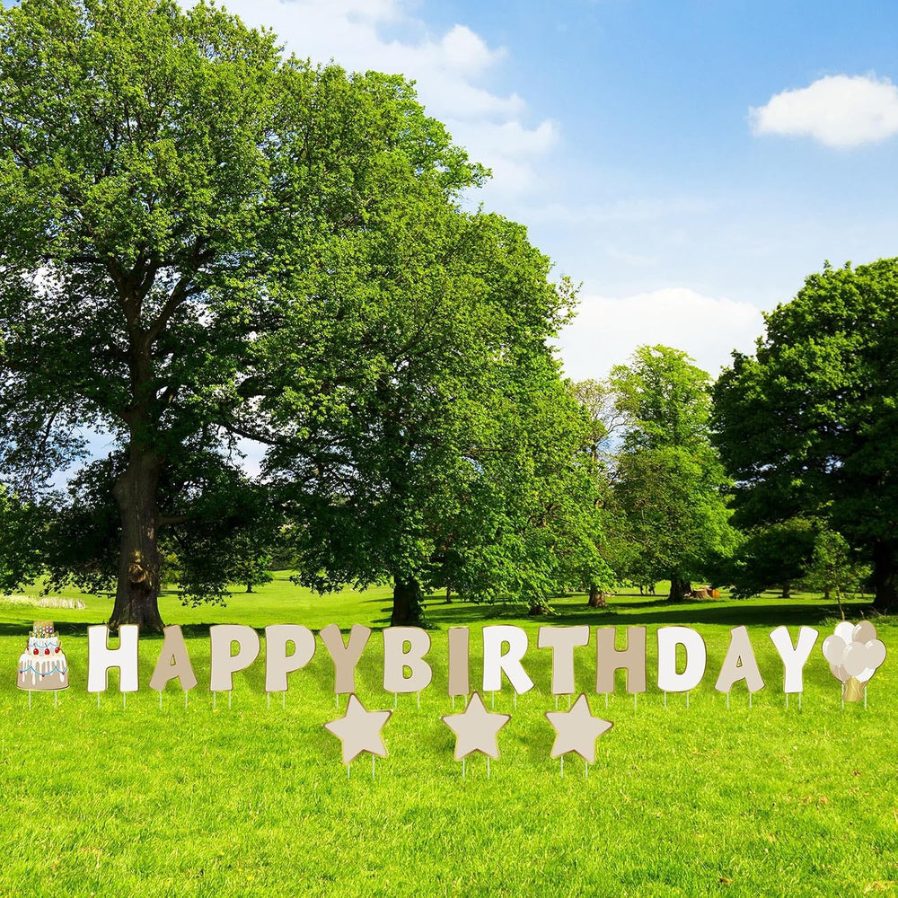 Jetec 18 Pcs Happy Birthday Yard Sign with Stakes and Light, Beige