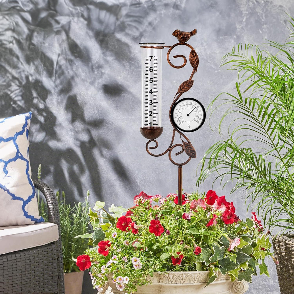 36in Bird Rain Gauge Thermometer Bronze Metal Garden Stake Decor