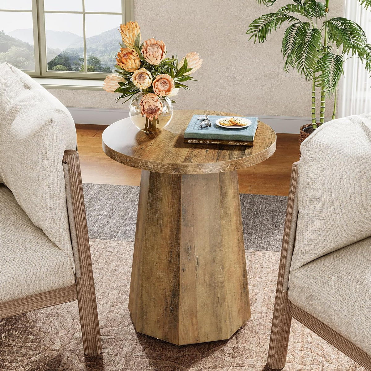 Tribesigns Round Pedestal End Table, Farmhouse Couch Side Table with Octagonal Base, Wooden Drink Stand Accent Nightstand (1, Rustic Brown)