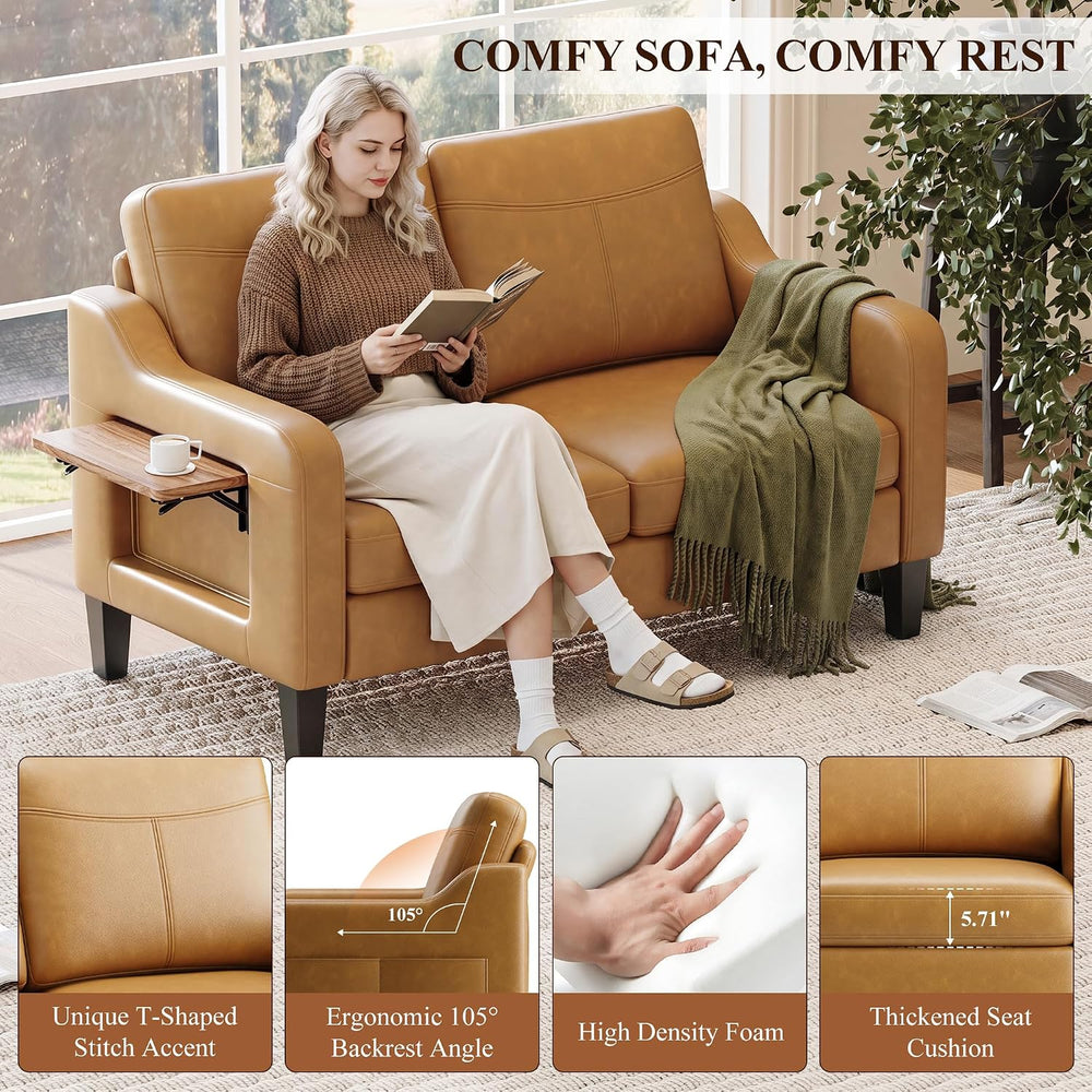 MALOL 51" Leather Accent Chair with Foldable Side Table, Brown