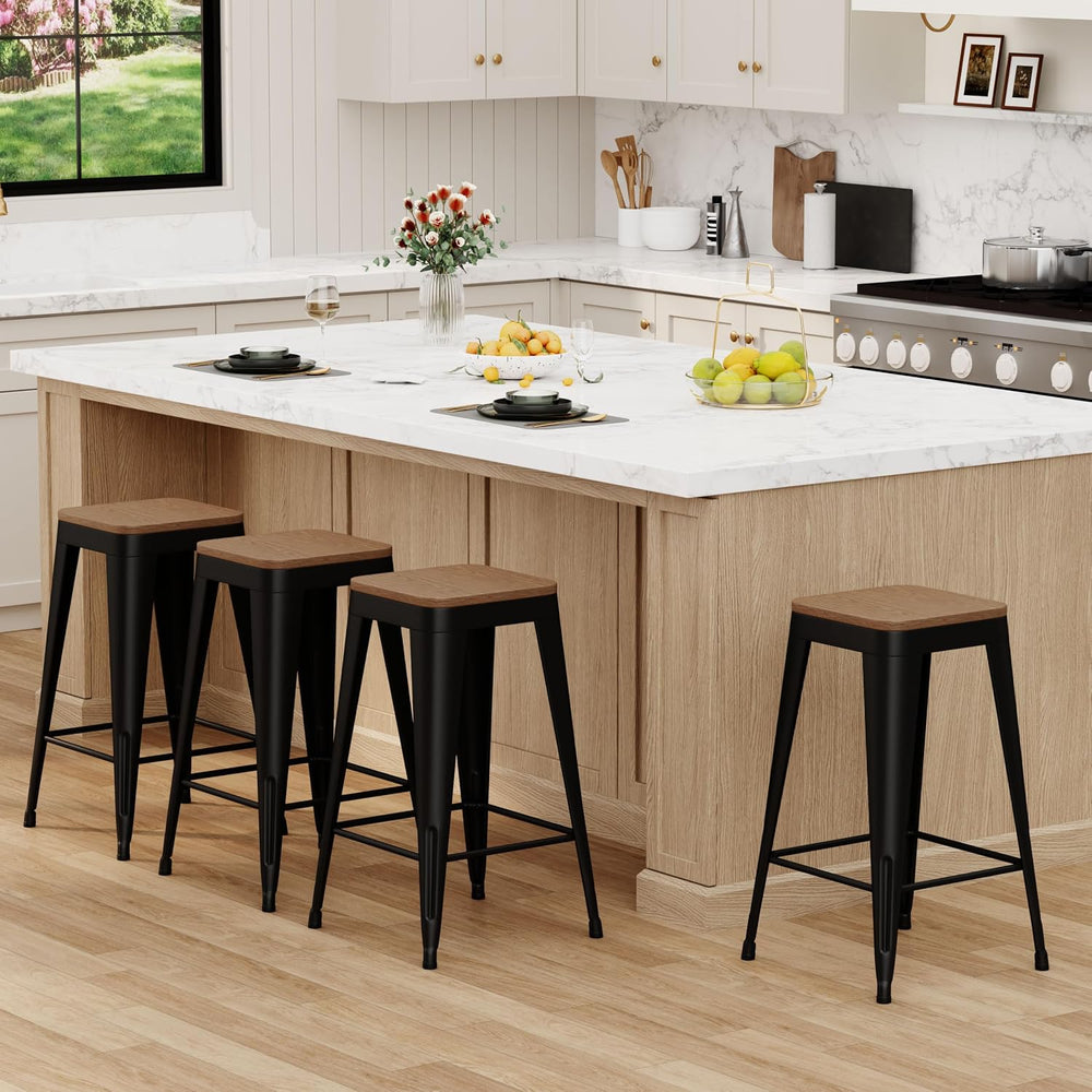 24" Metal Bar Stools Set of 4 Black Counter Height Stools with Wood Seat...