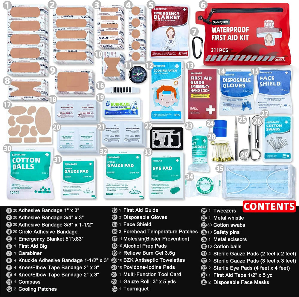 211 PCS Waterproof First Aid Kit, Emergency Supplies for Hiking & Boating