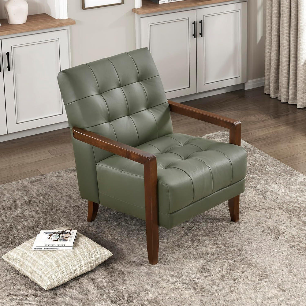 Lexicon Modern Leather Match Accent Chair,Tufted,Solid Wood Arms,Green