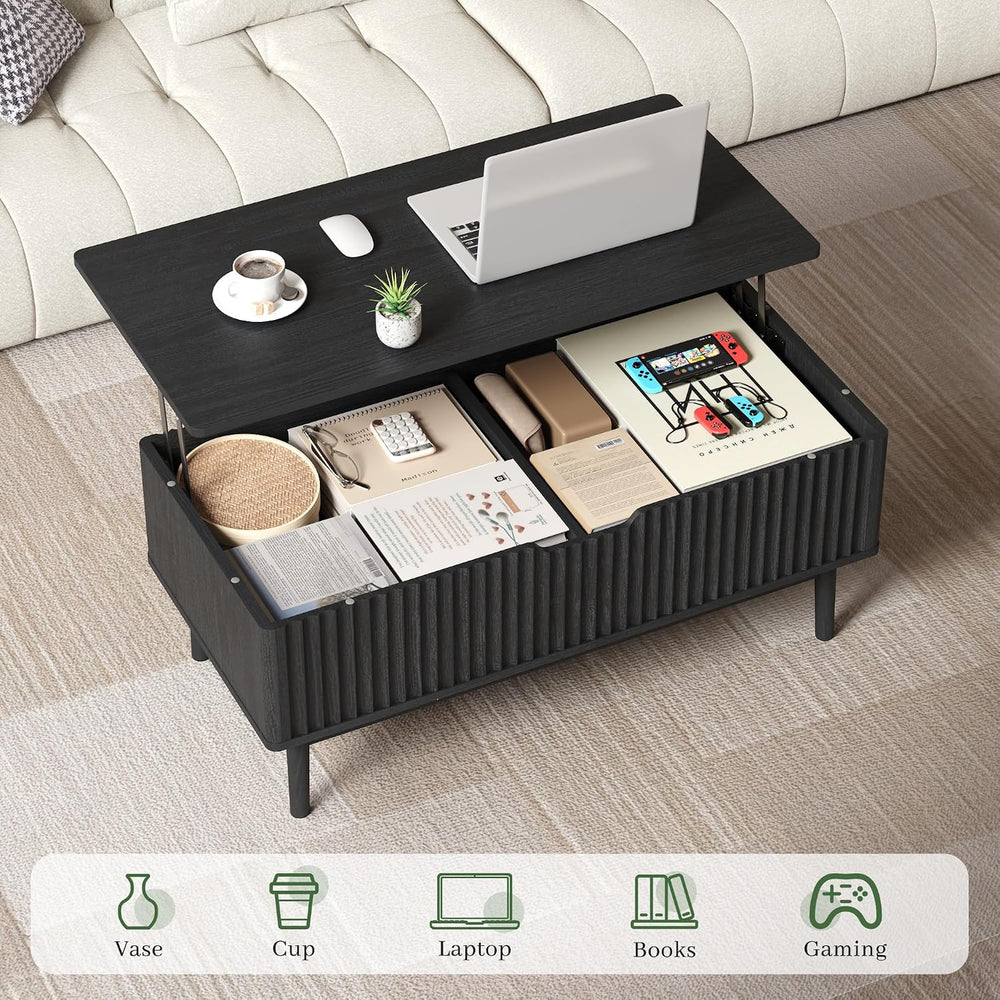 39” Fluted Lift Top Coffee Table with Storage, Black