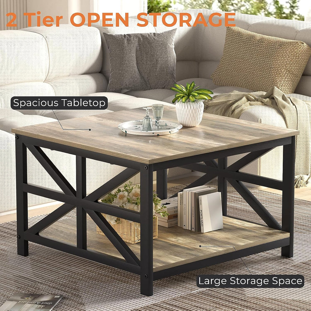 GreenForest 27.55 Inch Square Coffee Table with 2 Tier Storage