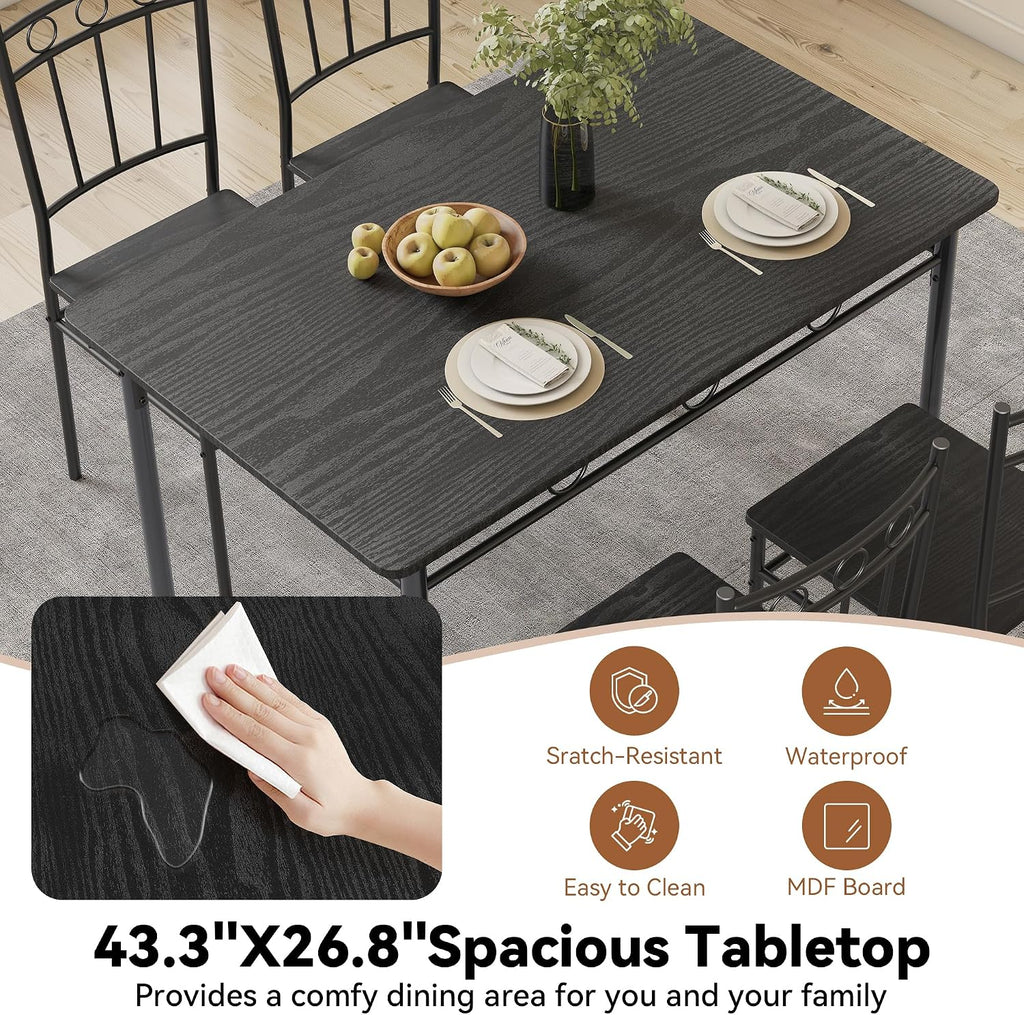 Dining Table Set for 4, 5-Piece Kitchen Table and Chairs, Rectangular Dining Room Table Set with 4 Chairs, Space-Saving Kitchen Table Set for Small Space,Dinette,Apartment,Pure Black