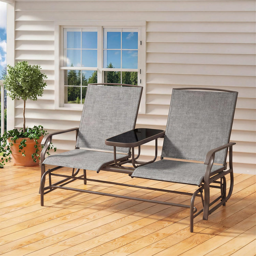Yaheetech Outdoor Glider Bench Patio Loveseat with Table, Gray