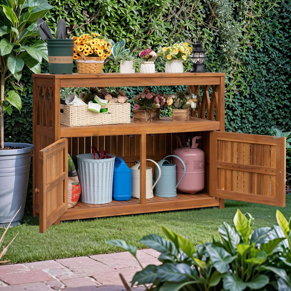 Greesum 2‑Tier Acacia Wood Outdoor Storage Cabinet with 2 Magnetic Doors