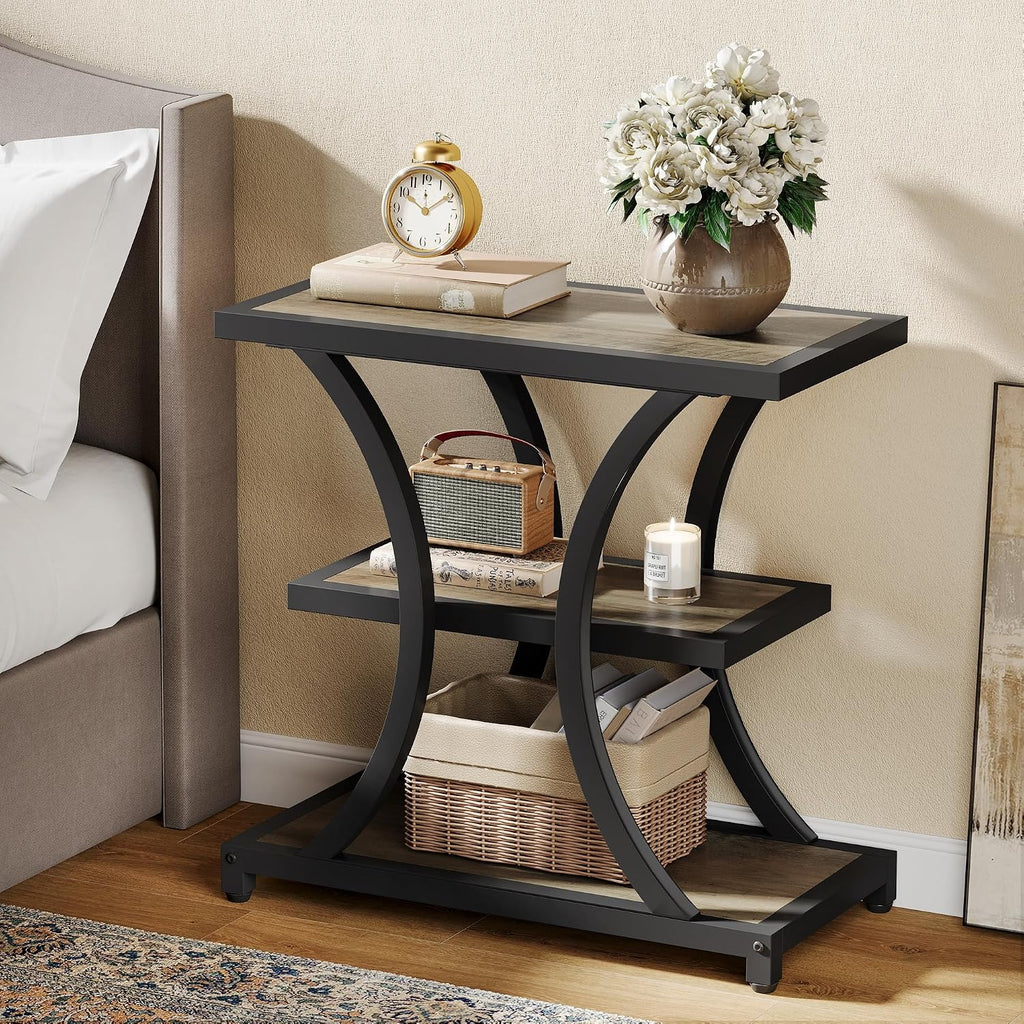 Tribesigns End Table with Storage, 3-Tier Side Table with Geometric Metal Design, Industrial Nightstand for Small Spaces, Living Room, Bedroom, Study Room (Grey)